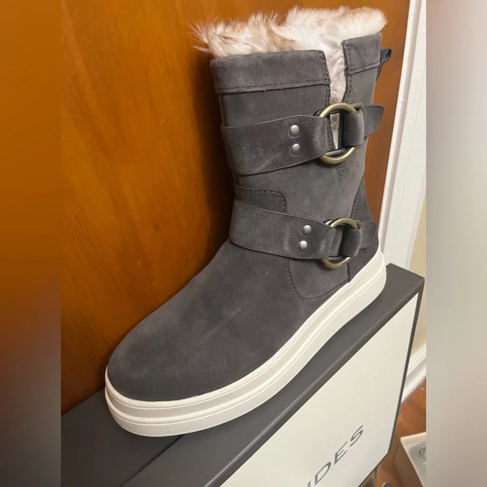 🆕. J/SLIDES women's Nelly dark grey waterproof suede platform faux fur boot… 7
